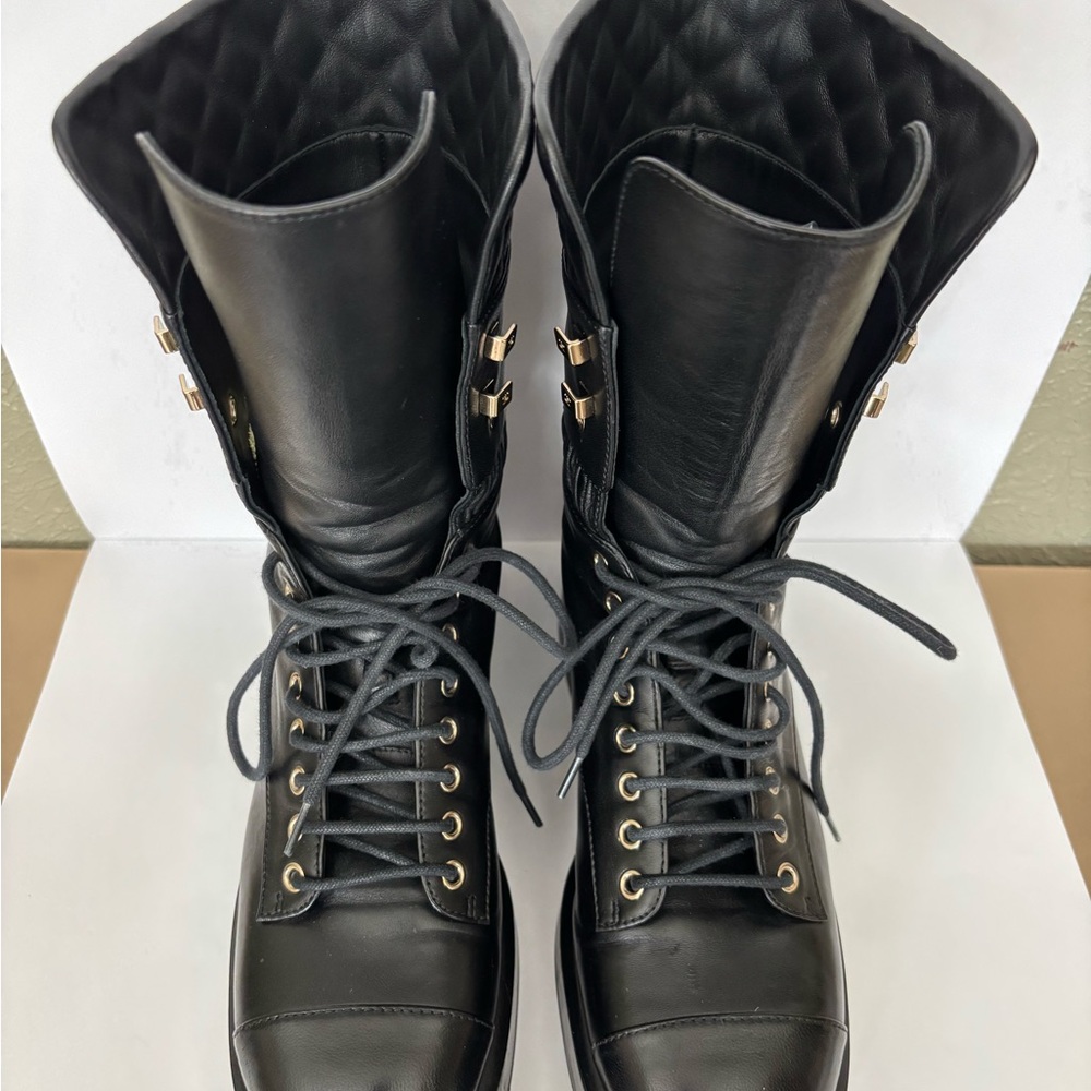 CHANEL Black Leather Lace-Up Boots with Gold Details